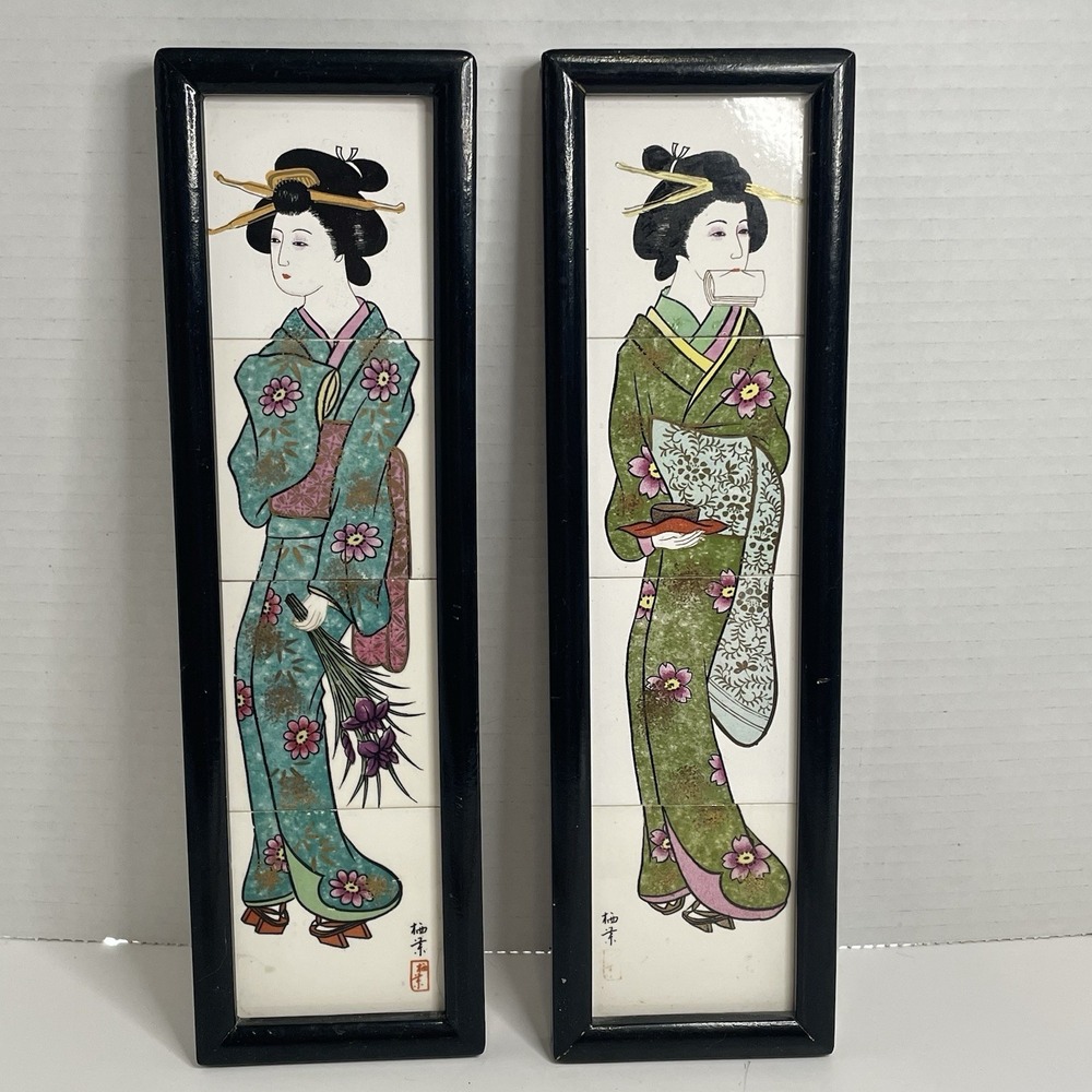 JAPANESE PAINTING ON TILE GEISHA SIGNED Ceramic Tiles Japan Enesco Numbered